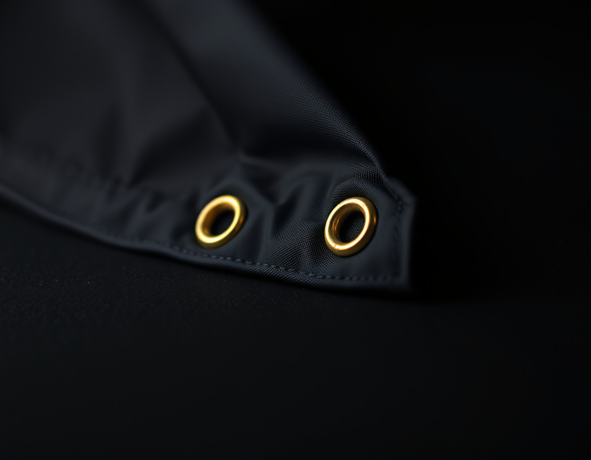 Placeholder material study — Brass grommets set through a welded banner hem
